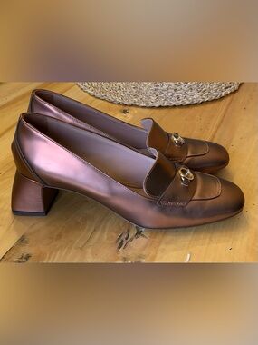Women’s Shimmery Bronze Slip-On Loafers with Decorative Buckle